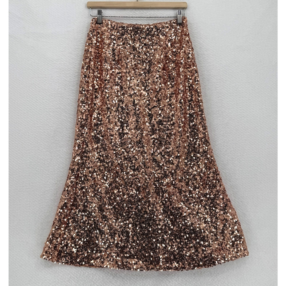 Karen Millen Lydia Millen Rose Gold Textured Sequin Flared Skirt Sz US 10 NEW